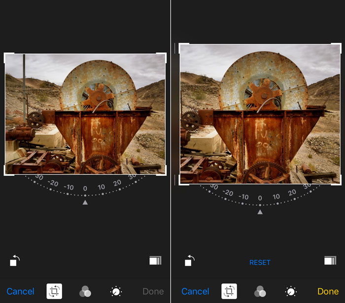 Screenshot of cropping photos on an iphone photography camera