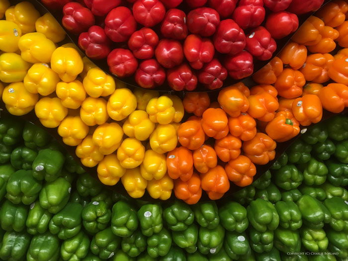 Many green, yellow, red and orange peppers arranged by color 