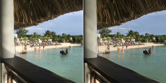 A diptych of the same shoto of a beach, the right one has used HDR for iphone photography 