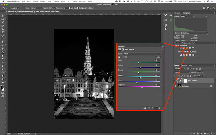 Editing a black and white photo in Lightroom to adjust the luminosity and contrast