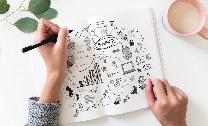 Overhead shot of a person making an illustrative photography business plan on a white desk