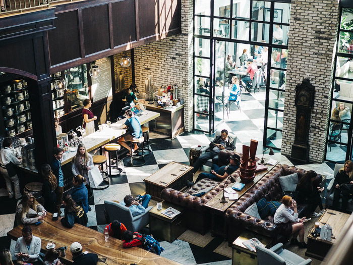 Overhead shot of a busy cafe