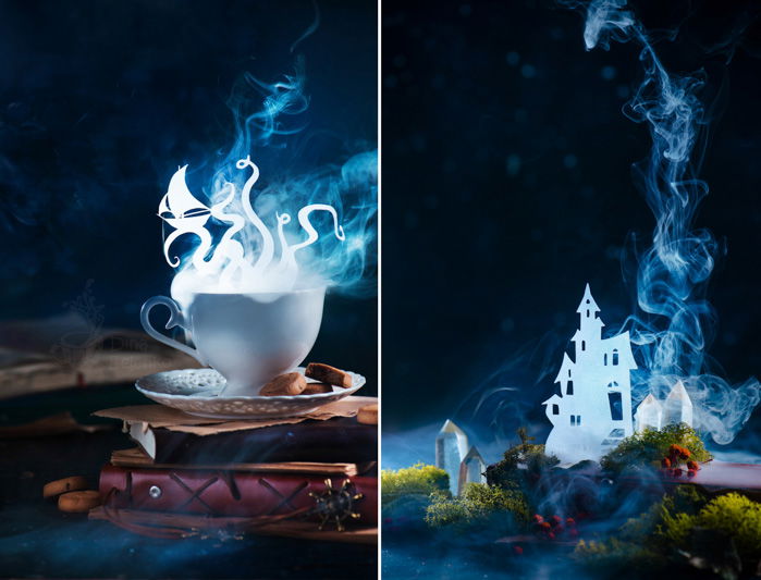 Two mystical still-life setups featuring a giant octopus silhouette shining in a steaming teacup and a castle silhouette