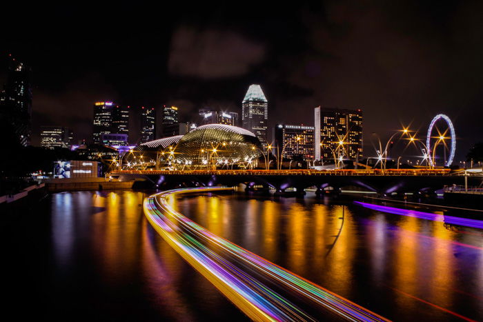 A stunning cityscape photo at night captured using the 180 degree rule