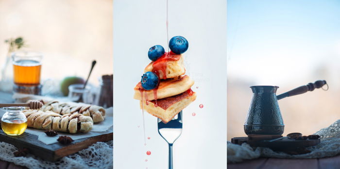 Puff pastry breakfast with tea and honey - food photo triptych using orange and blue colors