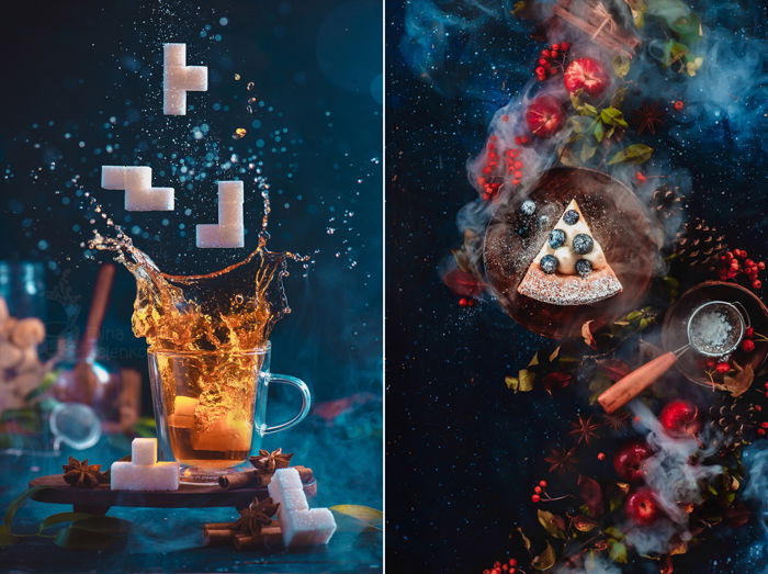 Splash of tea in a double wall glass with sugar Tetris pieces. 8-bit video game in real life concept with copy space. Creative action food photography. using colors that contrast with blue 