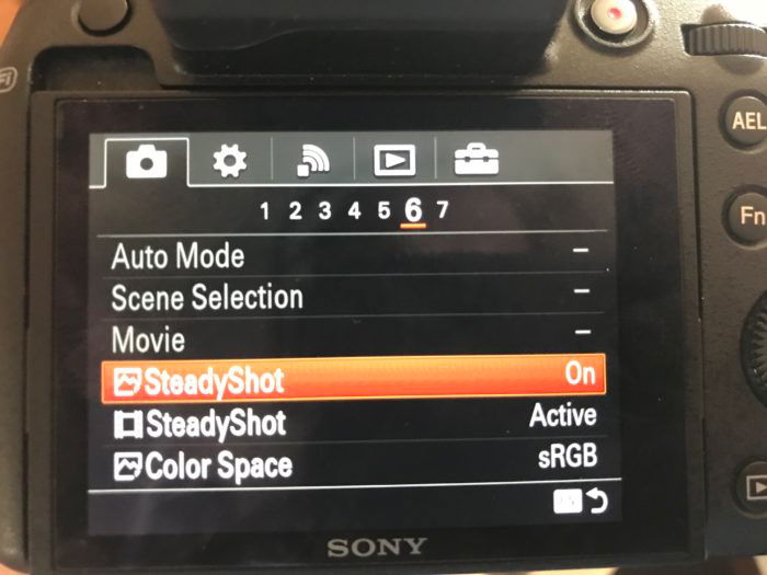 camera screen showing image stabilization settings