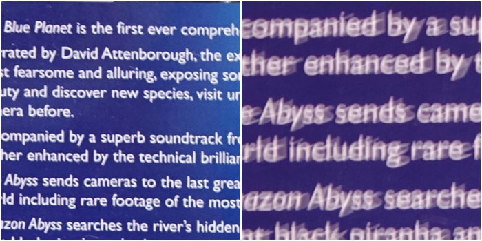 photo of white text on blue background, side by side comparison, right side zoomed in crop showing camera shake