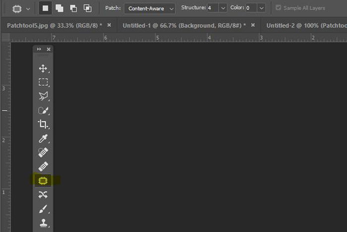 Screenshot of Photoshop interface with the Patch Tool highlighted in yellow.