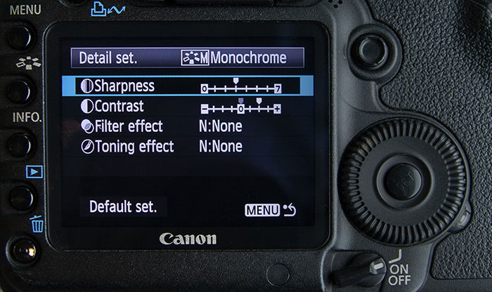 Close up of the monochrome in-camera setting on a Canon 5D Mark II.