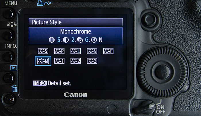 Close up of a scamera settings screen -Monochrome selected on a Canon 5D Mark II.