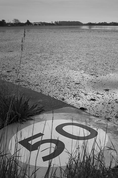 The tired road sign with a red filter applied and increased sharpness and contrast in monochrome in-camera settings. 50mm, ISO100, 1/320sec, F/9.