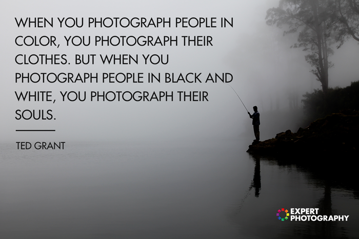 Atmospheric photo of the silhouette of a man fishing overlayed with black and white quotes from Ted Grant