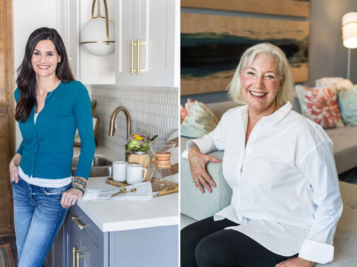 A diptych photo of a dark haired woman posing in a kitchen and a grey haired smiling woman - camera settings for portraits