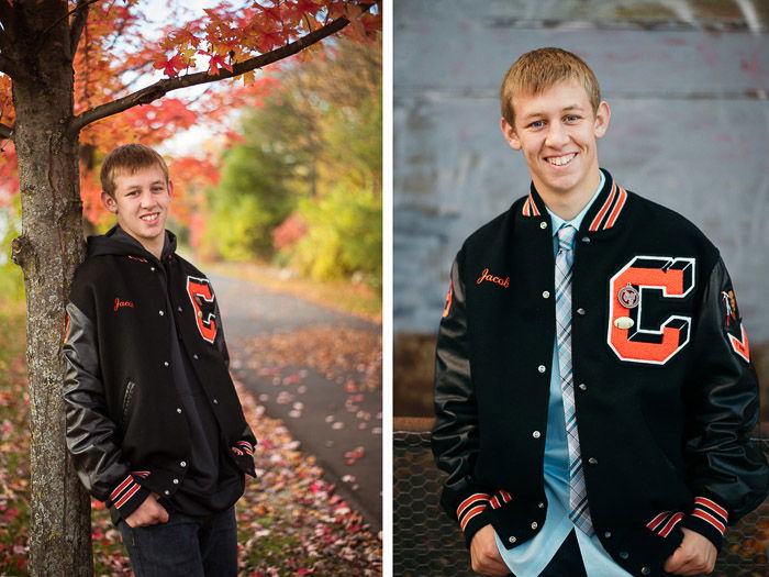 Diptych photo of a young man standing outdoors with relaxed hand poses