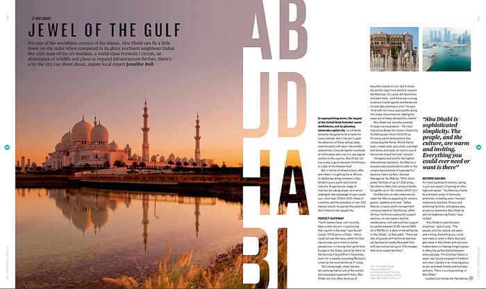 magazine spread with a photo of a grand white mosque in the pastel sunset, letters stylishly masked into the side of the photo