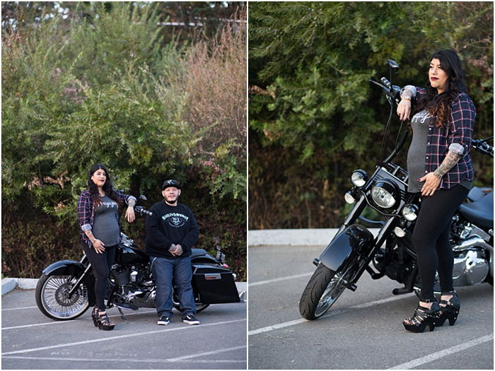 couple romantic maternity photoshoot outdoors, with motorbike