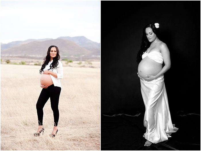 pregnant woman, photoshoot, two photos. Woman in white blouse outdoors, black and white photo with woman in white dress