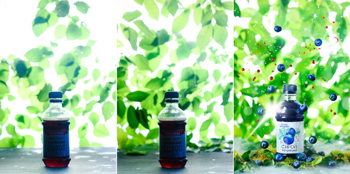 Three photos showing comparison from raw shot to final edit. Bottle of blueberry juice, edited to have blueberries dramatically falling around the bottle. product photo background