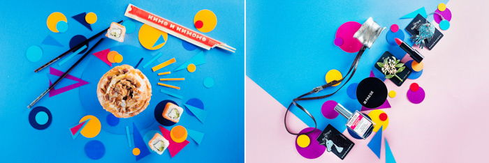 two photos on paper background: bright blue, pink, purple, yellow geometric shapes. left: cupcake, sushi and chopsticks. right: make up, lipstick, perfume bottle