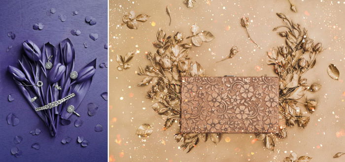 left: bunch of flowers and petals, all sprayed with violet paint, including background. right: floral textured rectangular elements, small flowers and petals around it, sprayed with golden brown paint. 