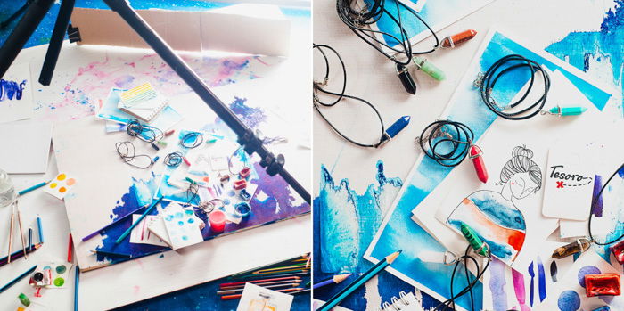 two photos. flatlay of watercolor paintings, blue elements, paints, brushes, on a white background