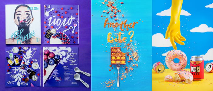 several stylized posters. flatlay design with solid background colors in violet, bright blue, yellow. summer theme. Fun lettering and food elements