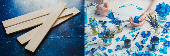 two photos. left: thin wood planks on a dark blue background. right: sky blue flowers and leaves arranged on a white wood background, hands holding a paintbrush, pots of blue paint