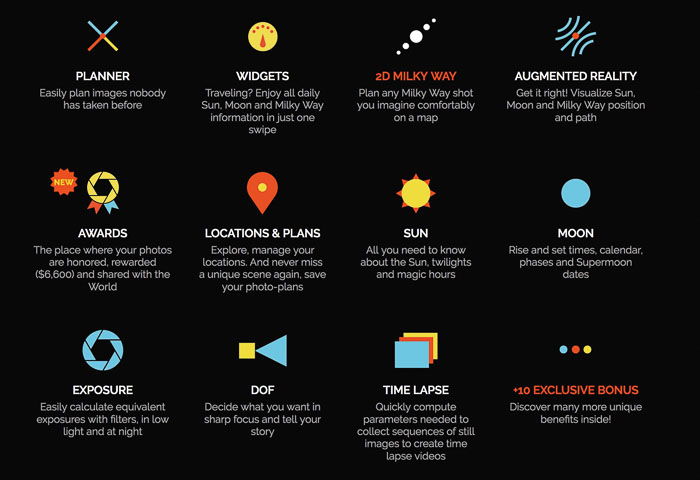 Screenshot from the photopills app showing various functions for landscape photography