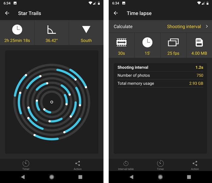 A screenshot of the star trails and rime lapse pills interface in the photopills app 