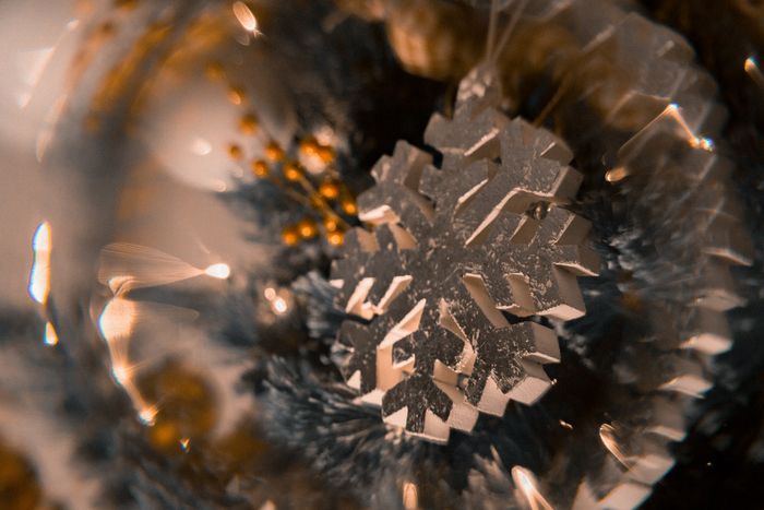 A close up of a Christmas ornament shot through a photography prism