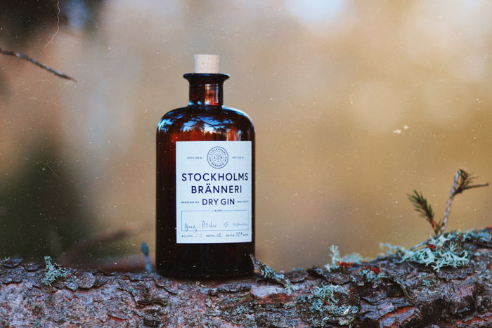vintage corked bottle of dry gin, standing on a log outdoors