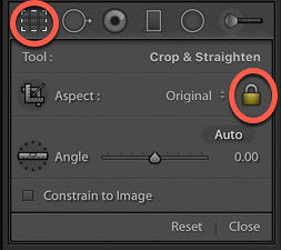 screenshot of activating the crop tool on lightroom