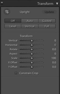 screenshot of using the transform function on Lightroom