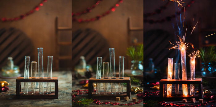 Sparkler photography: sequence of 3 shots, sparklers lit on rightmost photo, inside test tubes on a test tube rack in a dark room