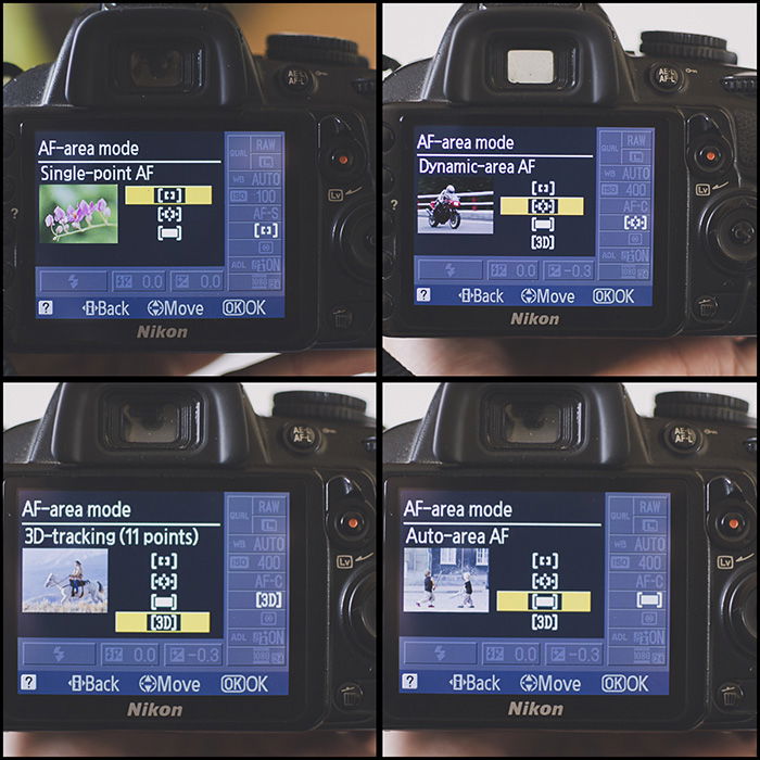 A 4 photo grid showing how to change autofocus modes on a DSLR 