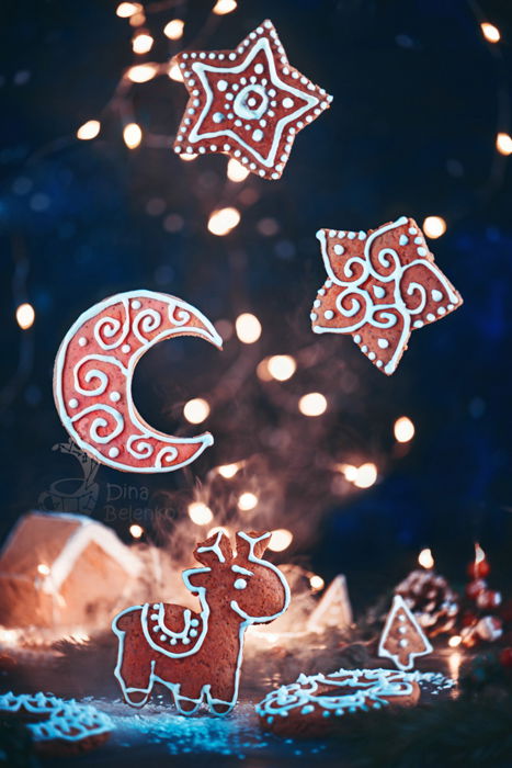 A magical Christmas still life photography shot of floating cookies