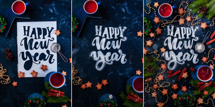 A magical Christmas photography triptych with food typography