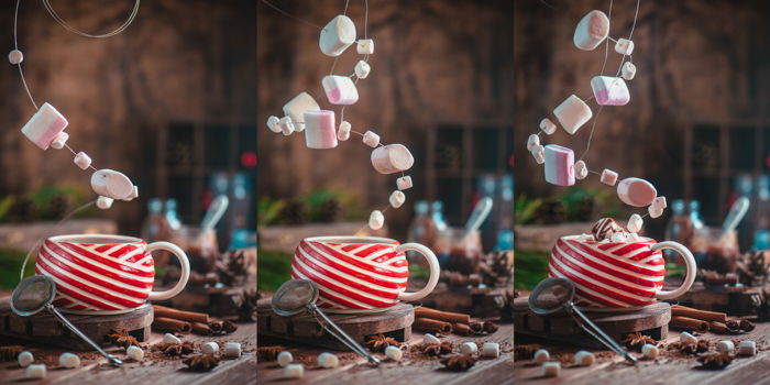 A magical Christmas photography triptych of a coffee cup and levitating marshmallows