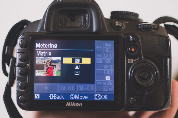 The screen of a Nikon camera showing matrix metering mode settings to learn DSLR basics