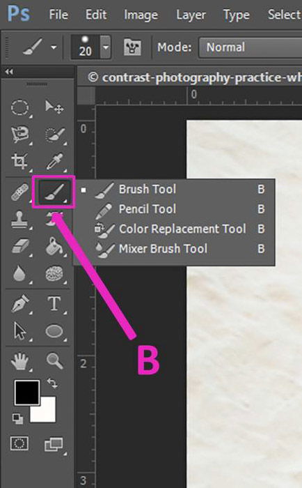 Screenshot of using the brush Tool Photoshop keyboard shortcuts