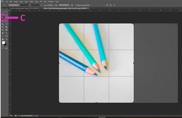 Screenshot of using the crop tool shortcut on Photoshop 