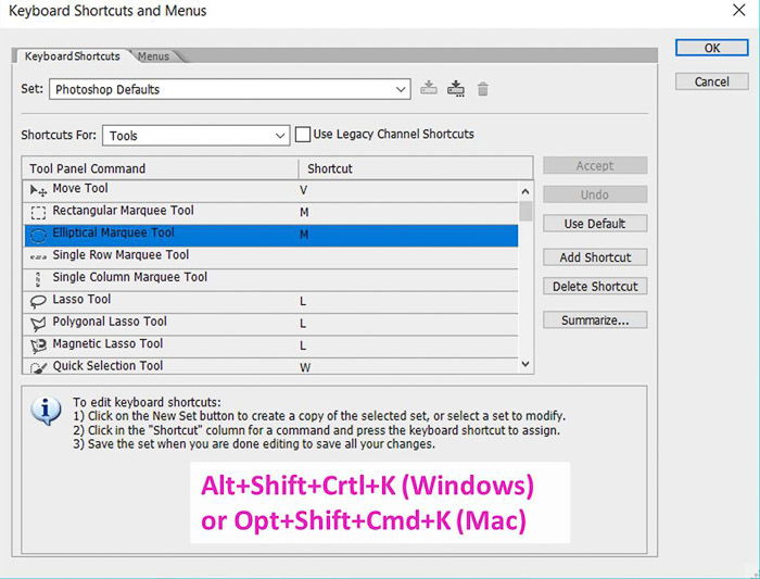 Screenshot of using the shortcut for Photoshop shortcuts