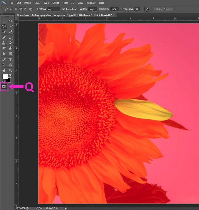 Screenshot of using the quick mask Photoshop keyboard shortcuts