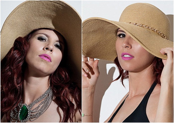 A beauty photography diptych of a female model posing against a white background