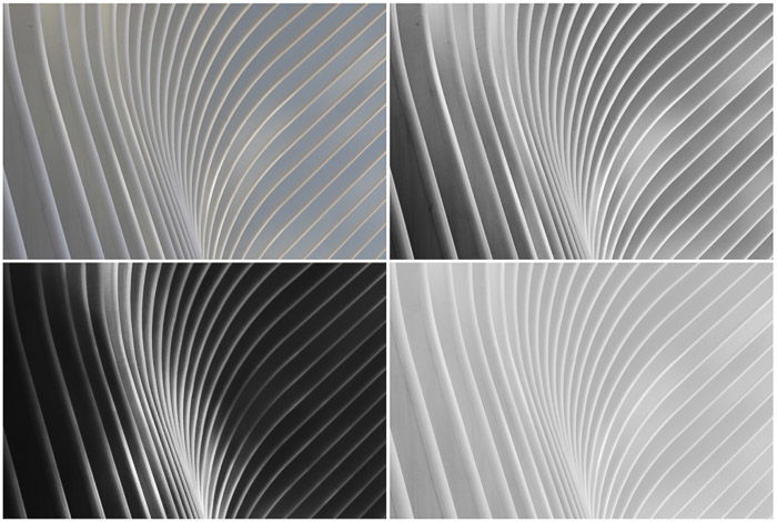 A four photo grid showing Various editing results of a single original architecture piece (top left)