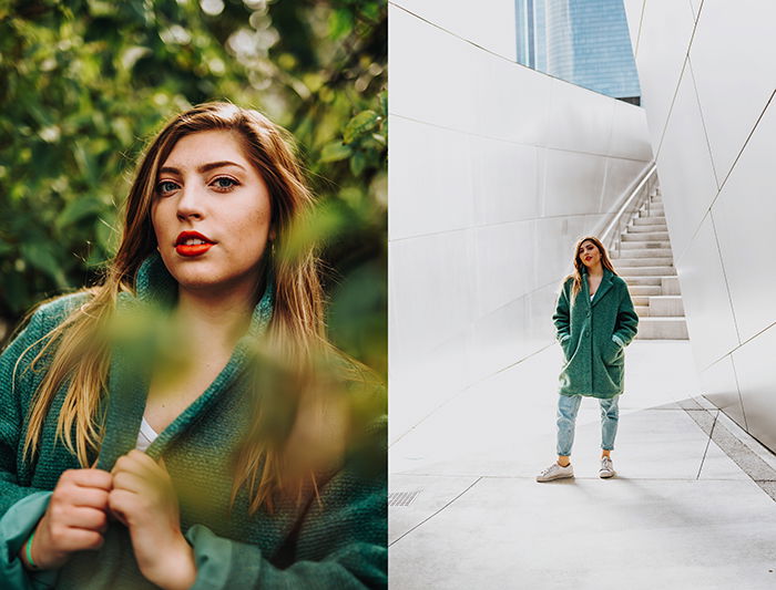 A bright and airy diptych of a female model posing outdoors