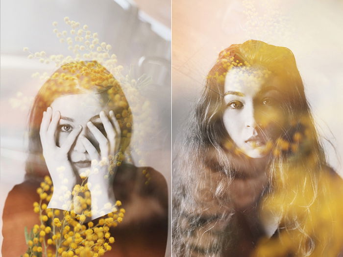 Dreamy diptych photography portrait of a female model using double exposure