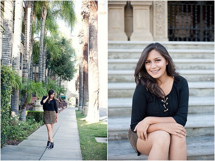 A bright and airy senior portrait diptych of a brunette girl posing casually outdoors