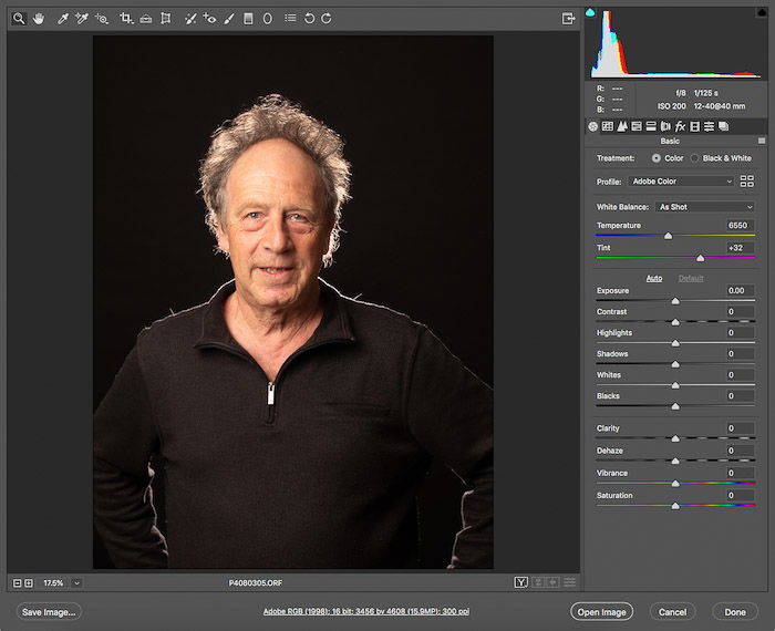 Screenshot of opening the RAW file with photoshop portrait editing